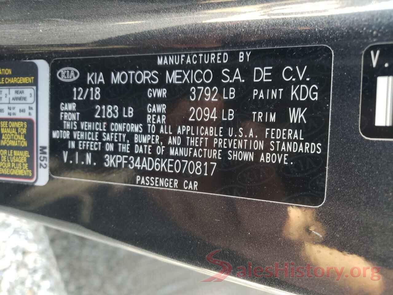 3KPF34AD6KE070817 2019 KIA FORTE