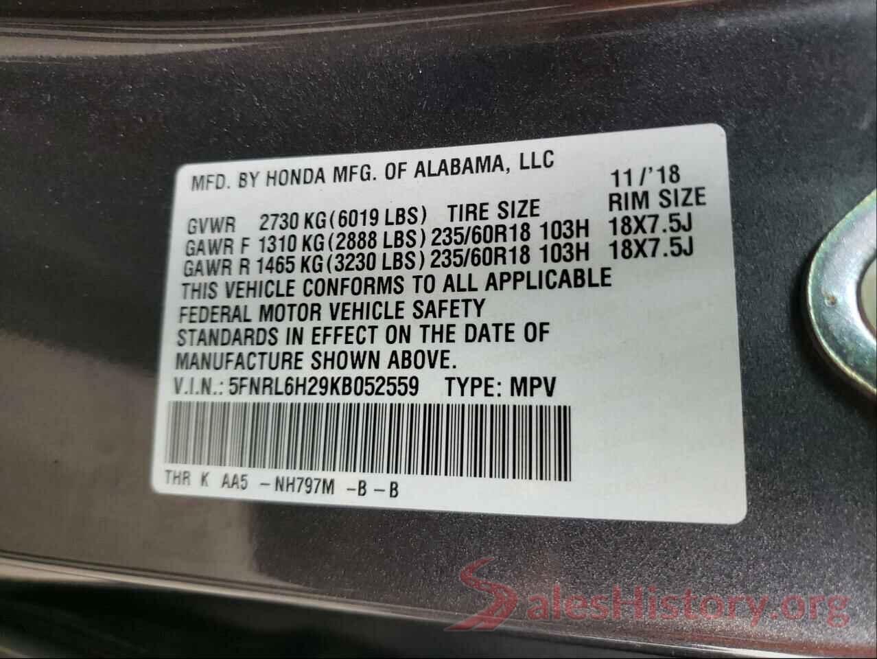 5FNRL6H29KB052559 2019 HONDA ODYSSEY