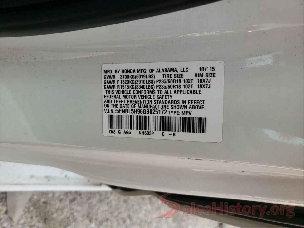 5FNRL5H96GB025172 2016 HONDA ODYSSEY