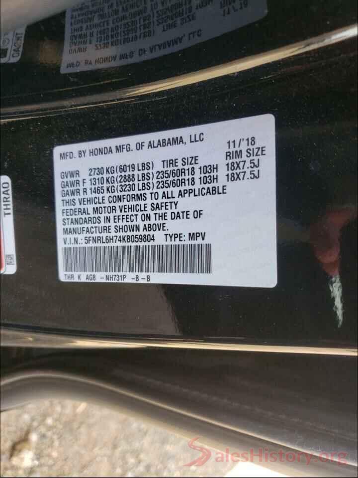 5FNRL6H74KB059804 2019 HONDA ODYSSEY