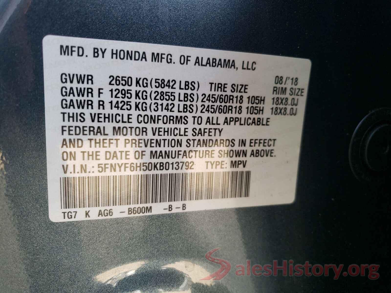 5FNYF6H50KB013792 2019 HONDA PILOT