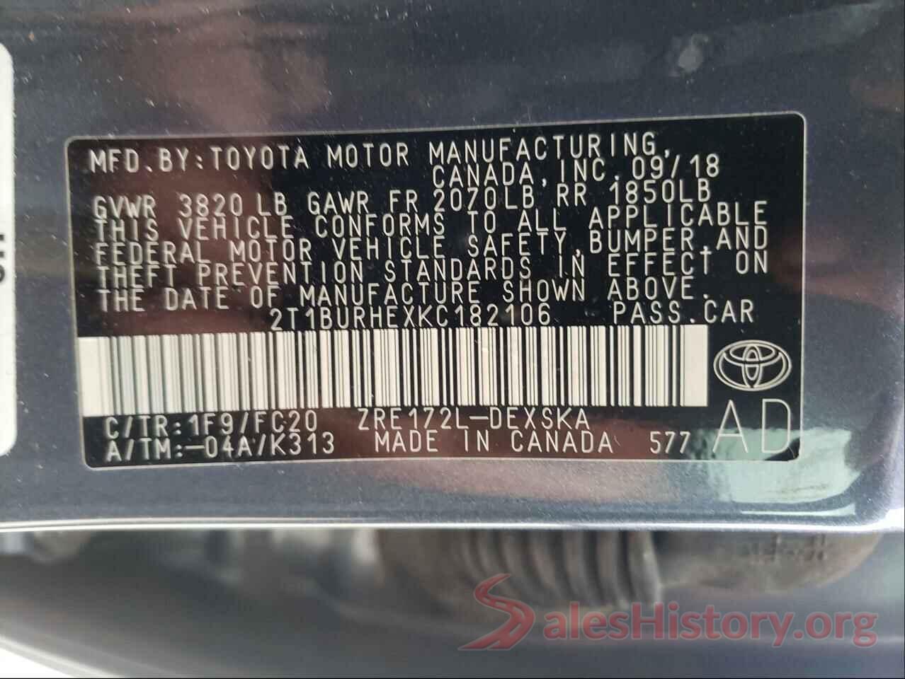 2T1BURHEXKC182106 2019 TOYOTA COROLLA