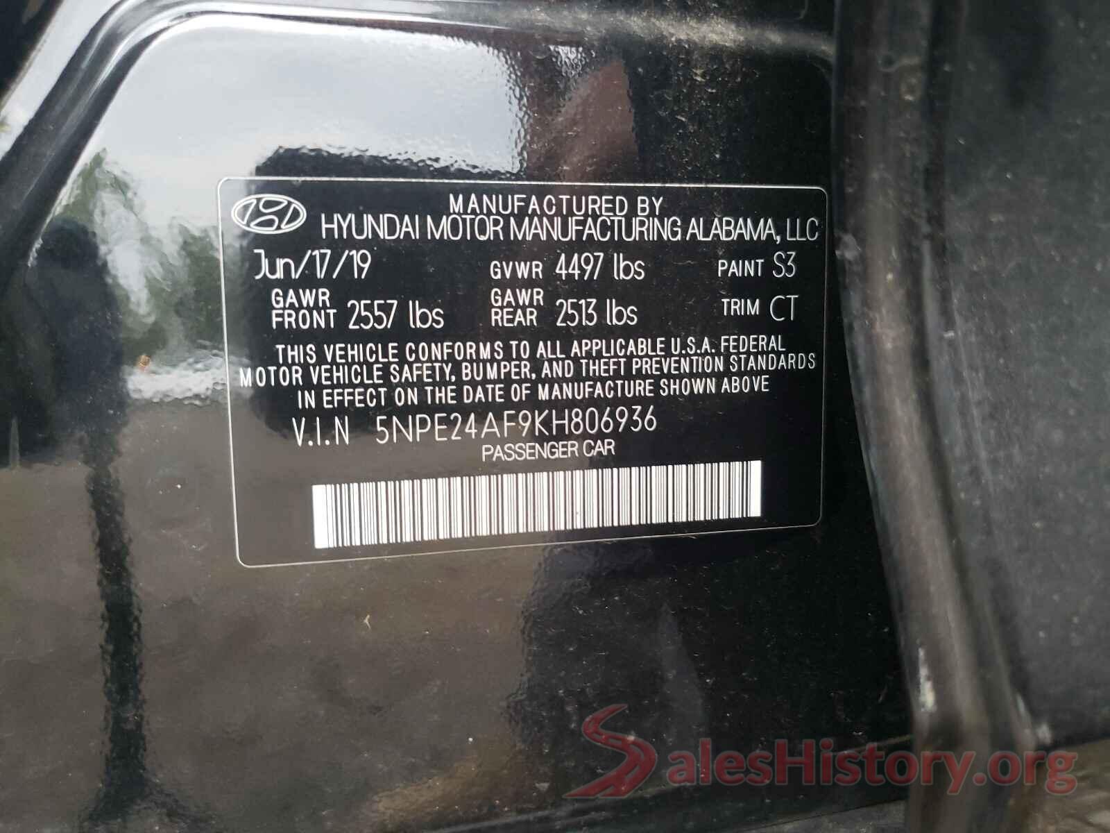 5NPE24AF9KH806936 2019 HYUNDAI SONATA