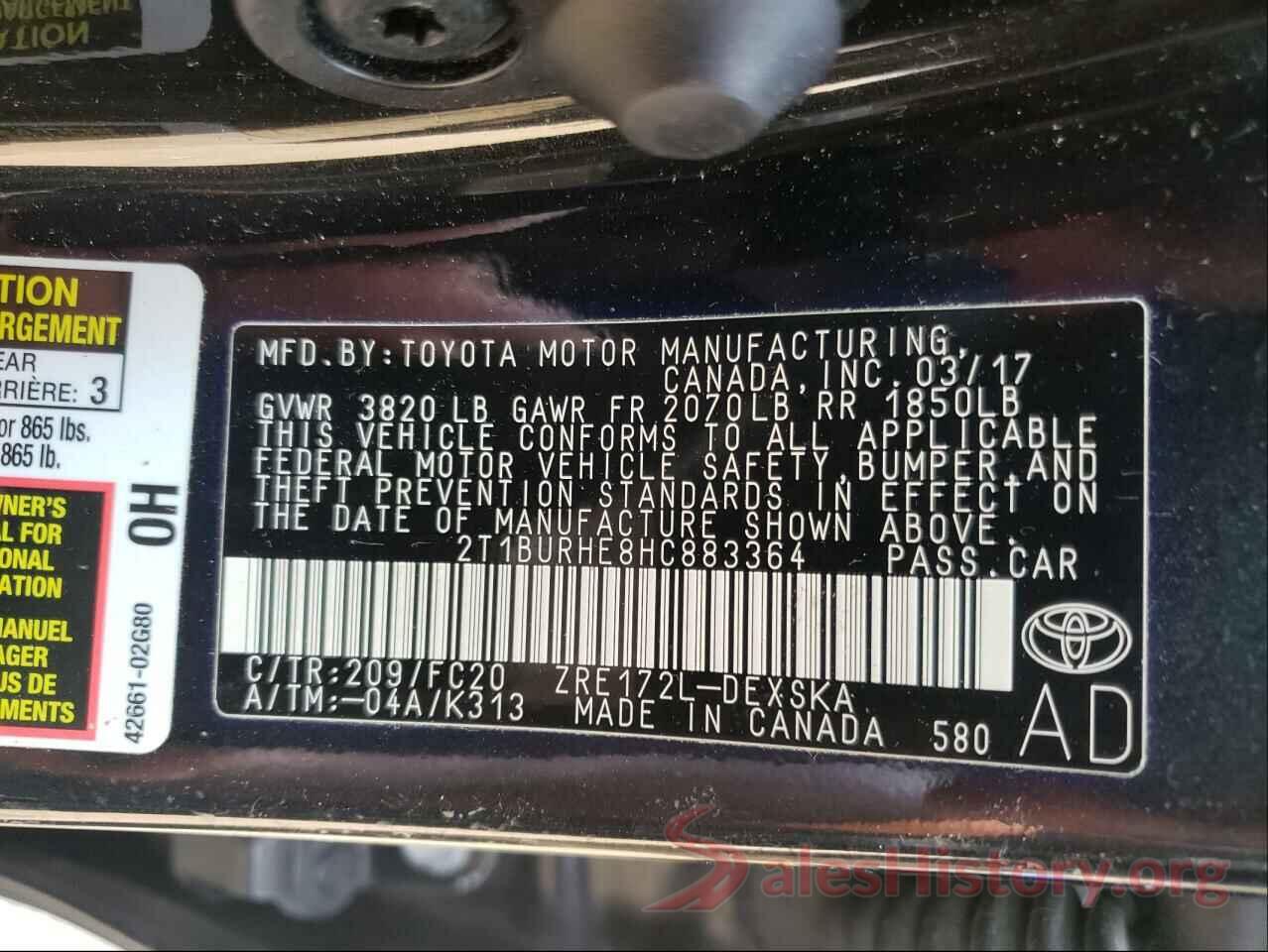 2T1BURHE8HC883364 2017 TOYOTA COROLLA