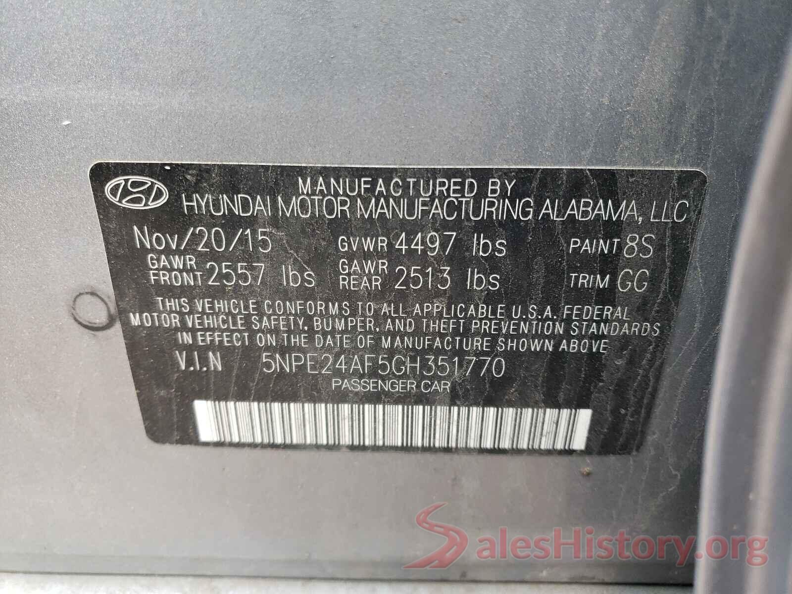 5NPE24AF5GH351770 2016 HYUNDAI SONATA