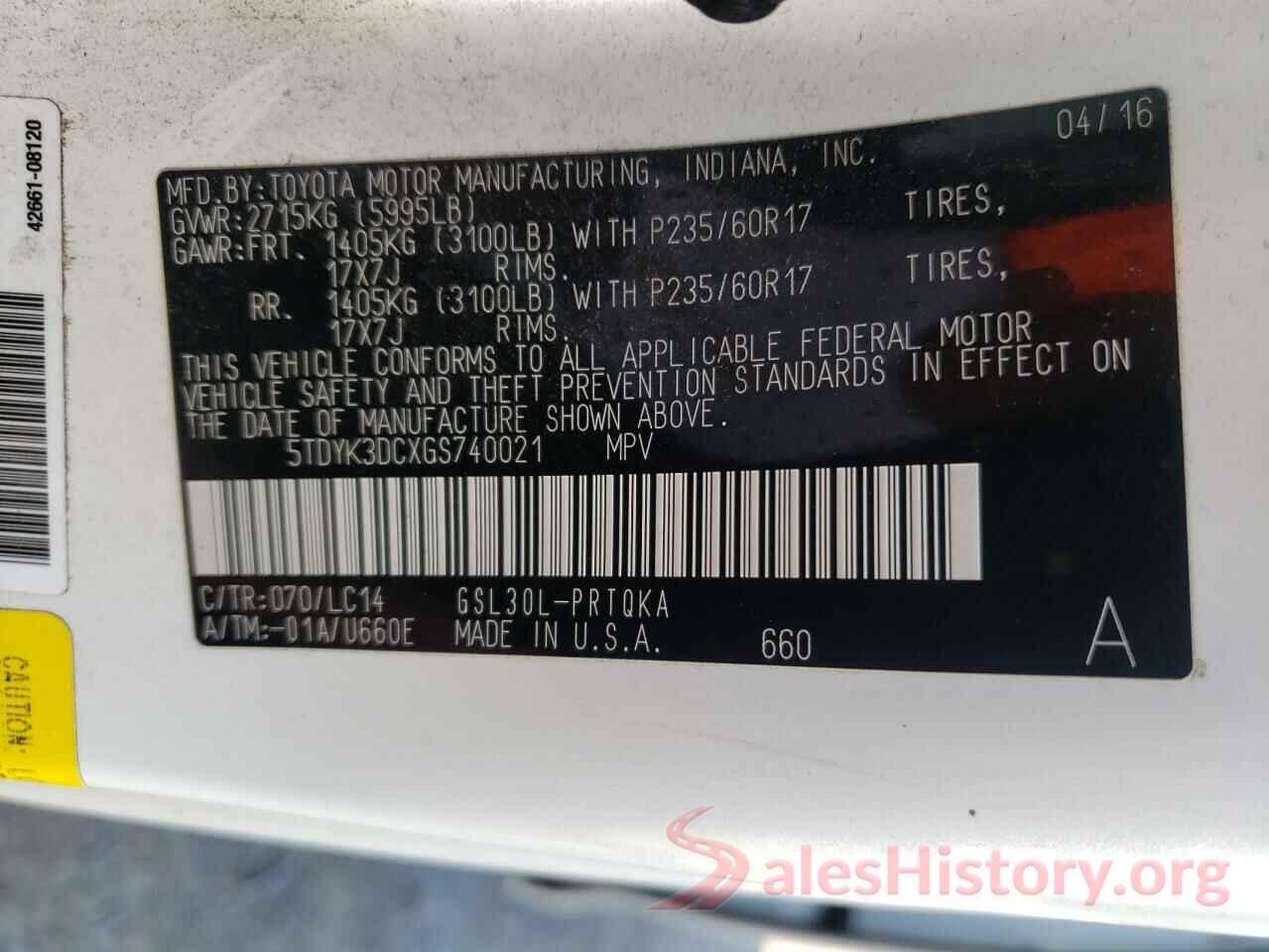 5TDYK3DCXGS740021 2016 TOYOTA SIENNA