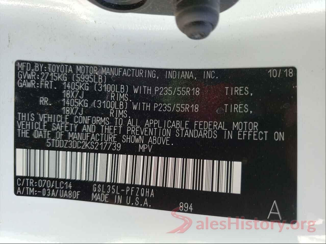 5TDDZ3DC2KS217739 2019 TOYOTA SIENNA