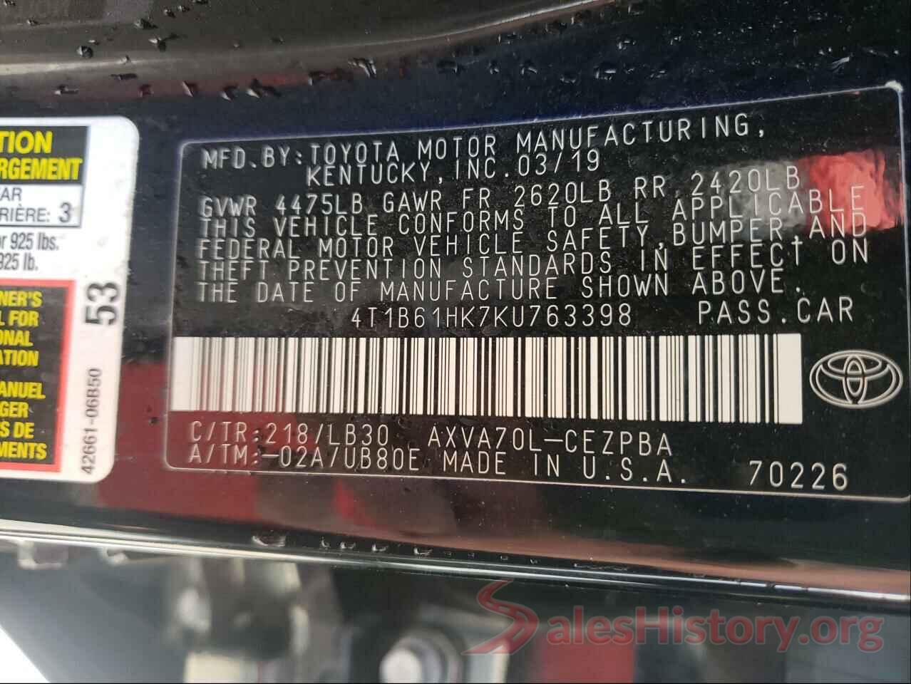 4T1B61HK7KU763398 2019 TOYOTA CAMRY