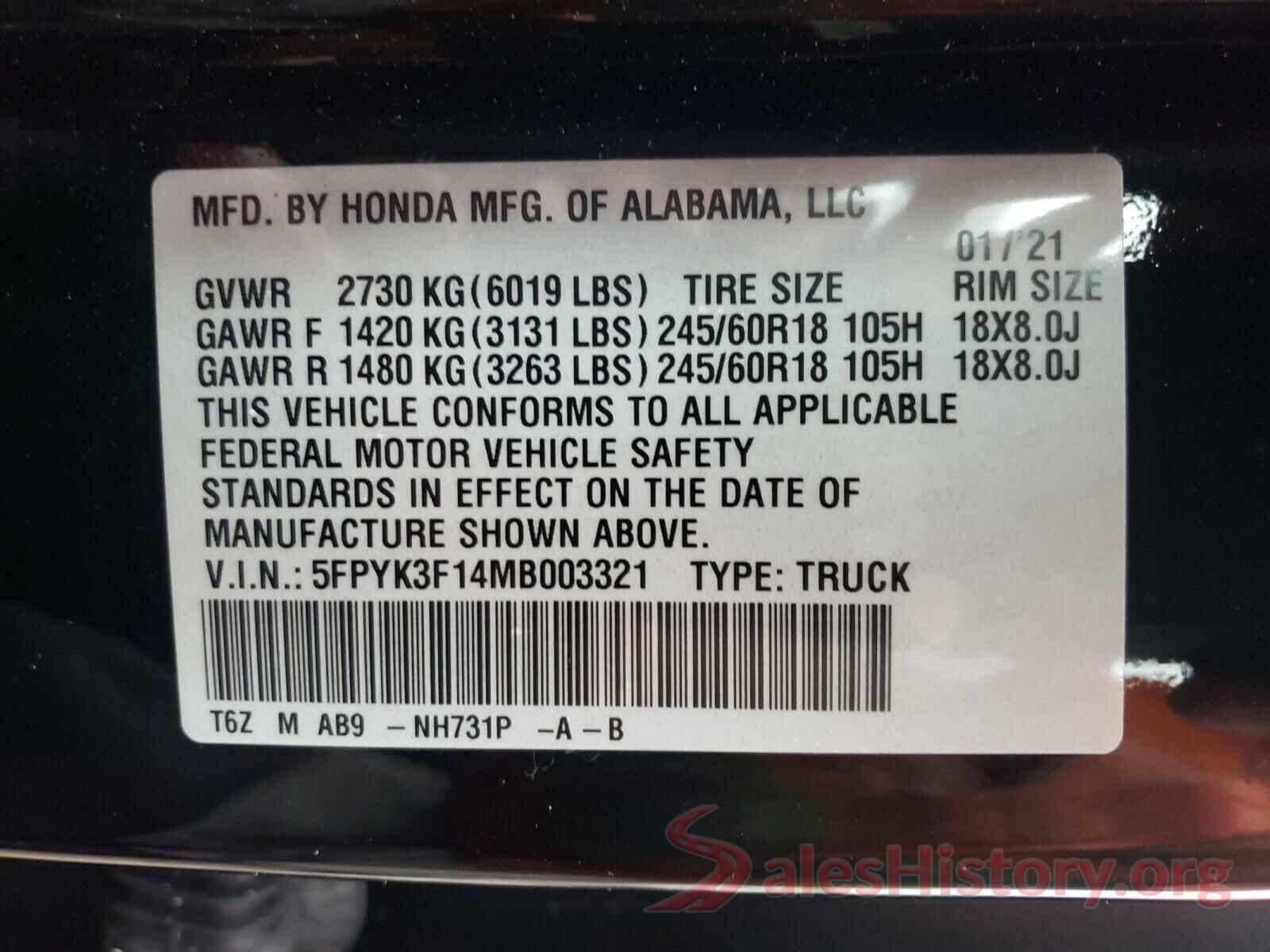 5FPYK3F14MB003321 2021 HONDA RIDGELINE