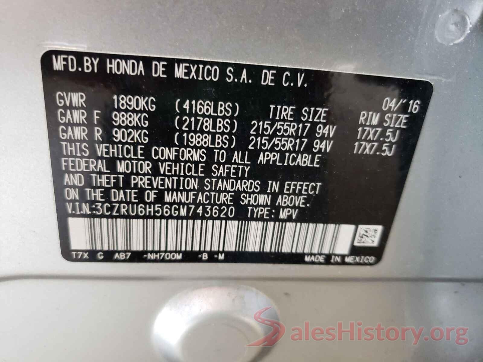 3CZRU6H56GM743620 2016 HONDA HR-V