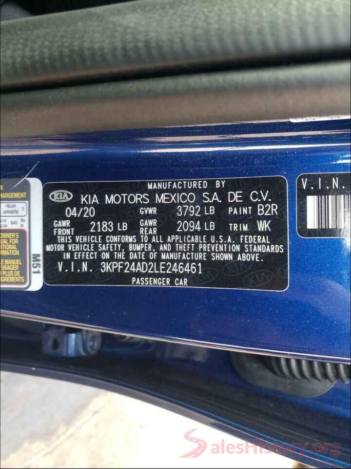 3KPF24AD2LE246461 2020 KIA FORTE