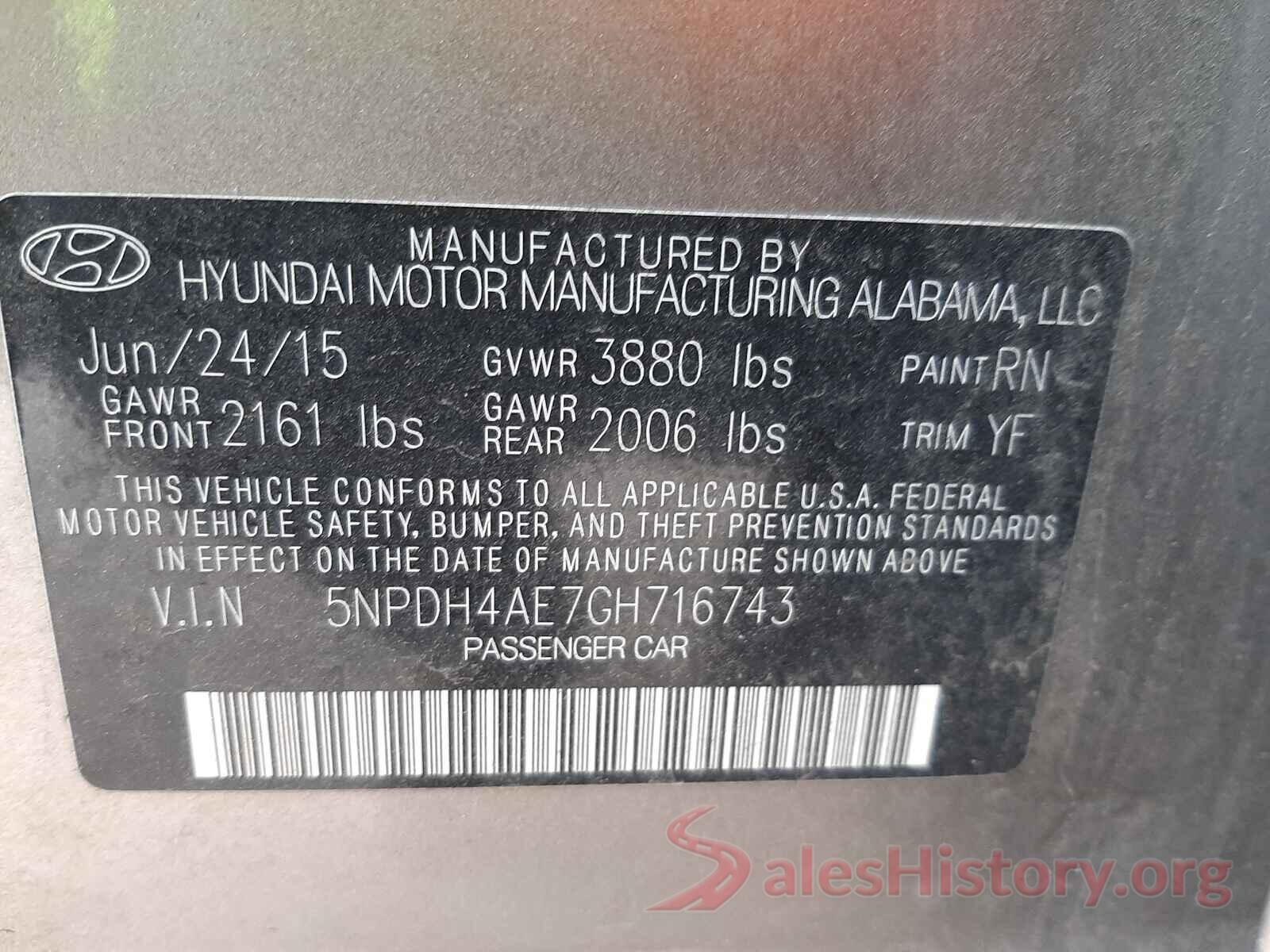 5NPDH4AE7GH716743 2016 HYUNDAI ELANTRA