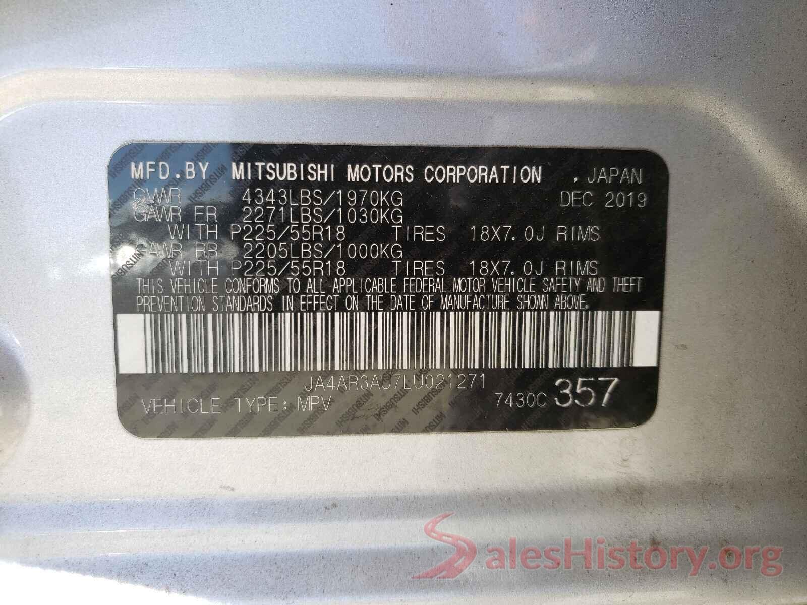 JA4AR3AU7LU021271 2020 MITSUBISHI OUTLANDER