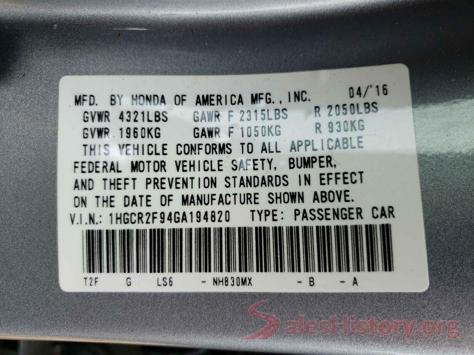 1HGCR2F94GA194820 2016 HONDA ACCORD