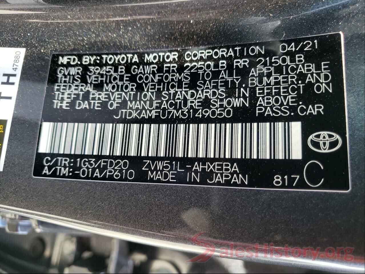 JTDKAMFU7M3149050 2021 TOYOTA PRIUS