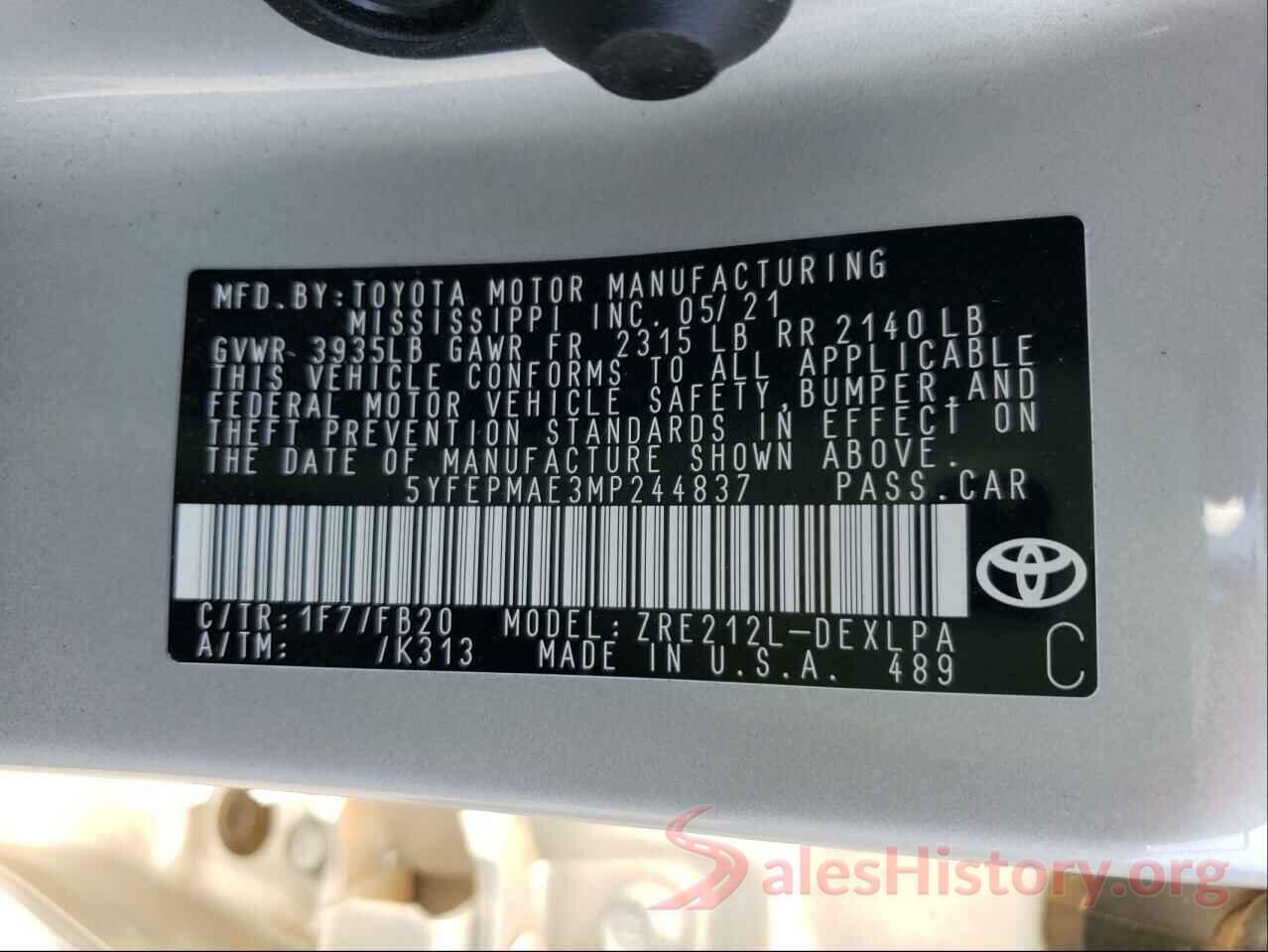 5YFEPMAE3MP244837 2021 TOYOTA COROLLA