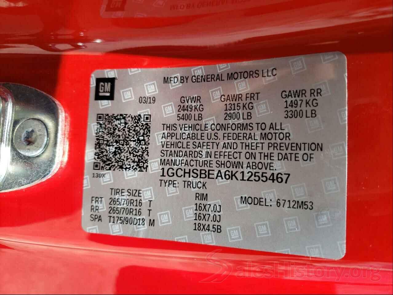 1GCHSBEA6K1255467 2019 CHEVROLET COLORADO