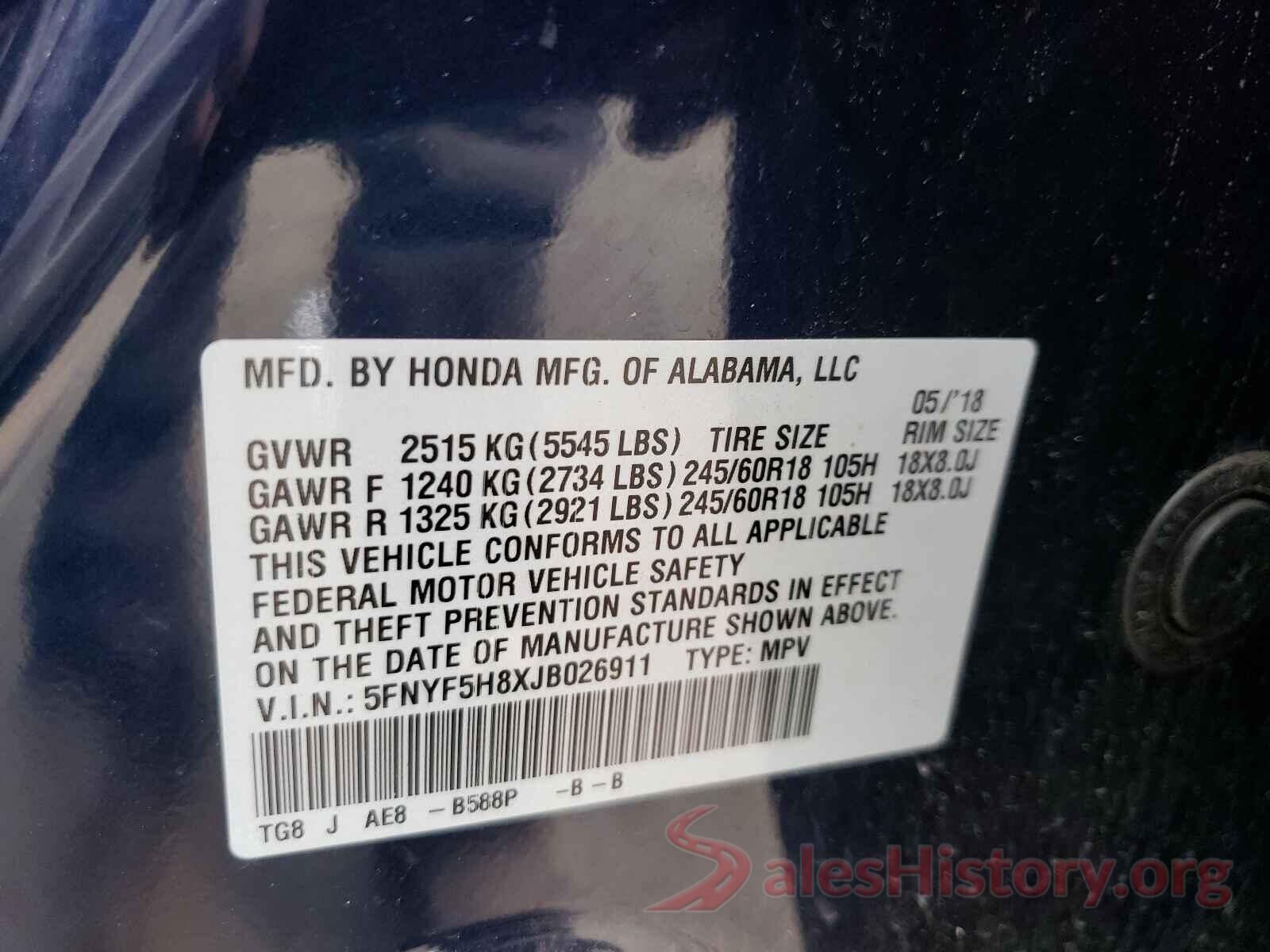 5FNYF5H8XJB026911 2018 HONDA PILOT