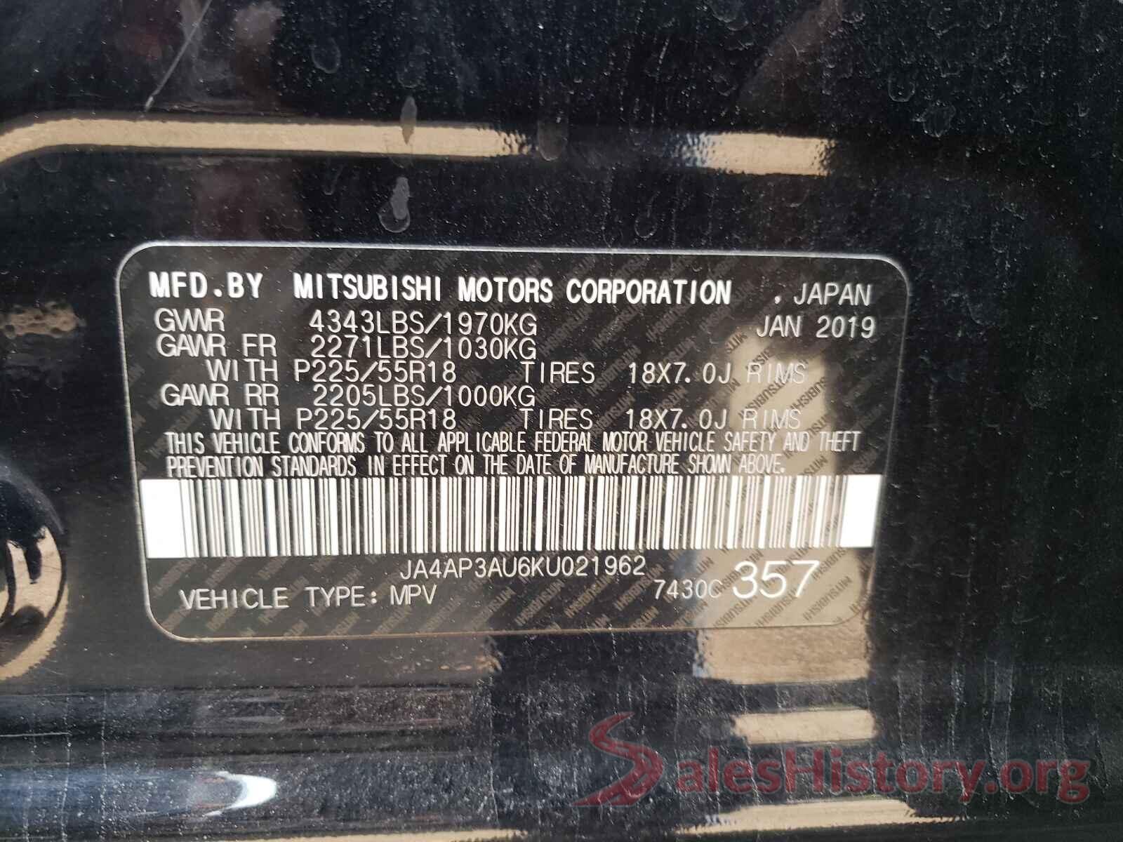 JA4AP3AU6KU021962 2019 MITSUBISHI OUTLANDER