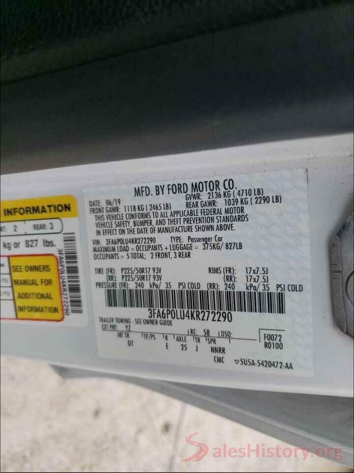 3FA6P0LU4KR272290 2019 FORD FUSION