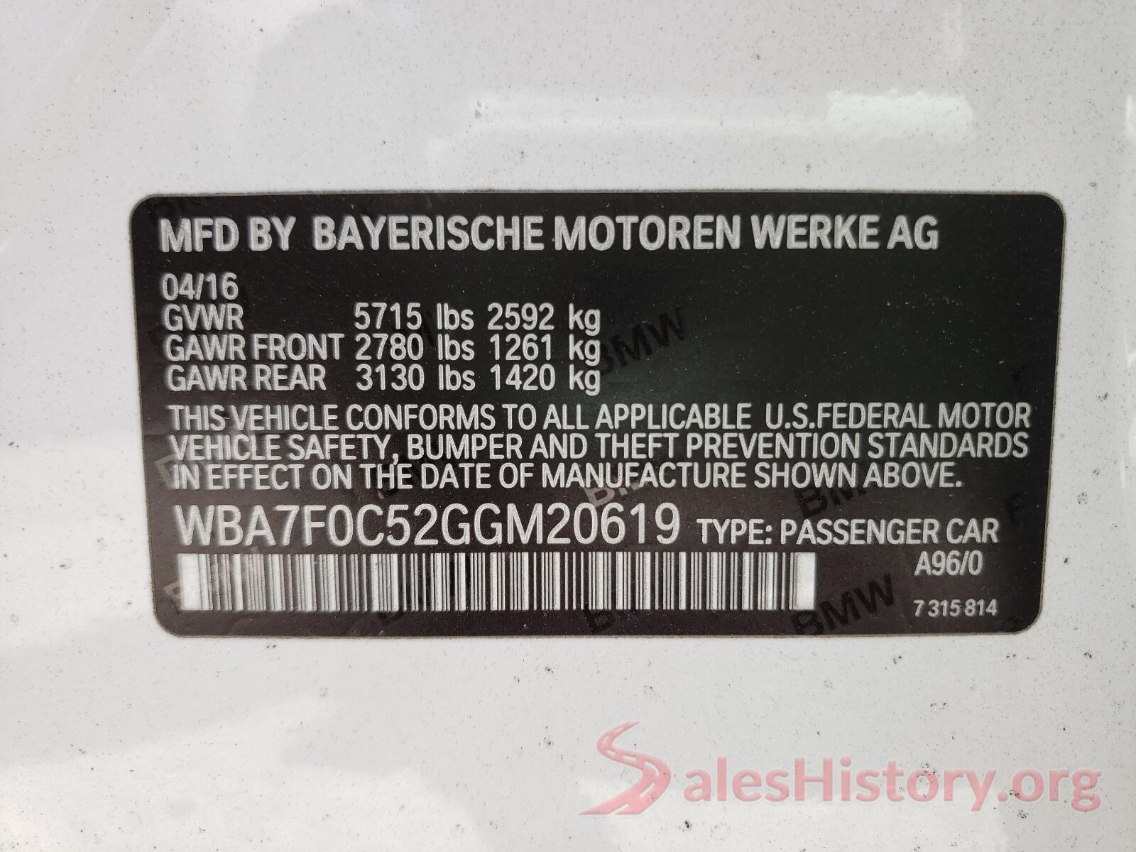 WBA7F0C52GGM20619 2016 BMW 7 SERIES