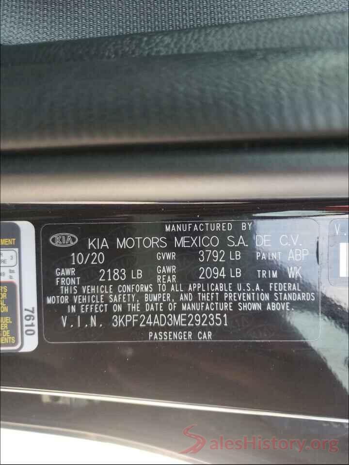 3KPF24AD3ME292351 2021 KIA FORTE