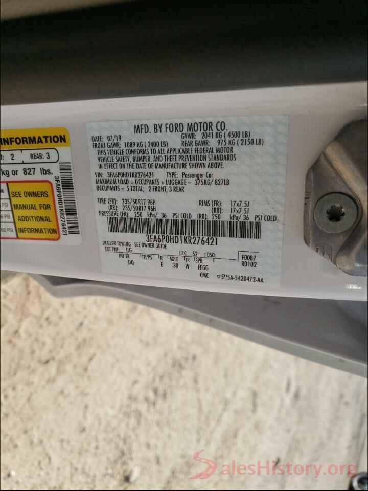 3FA6P0HD1KR276421 2019 FORD FUSION