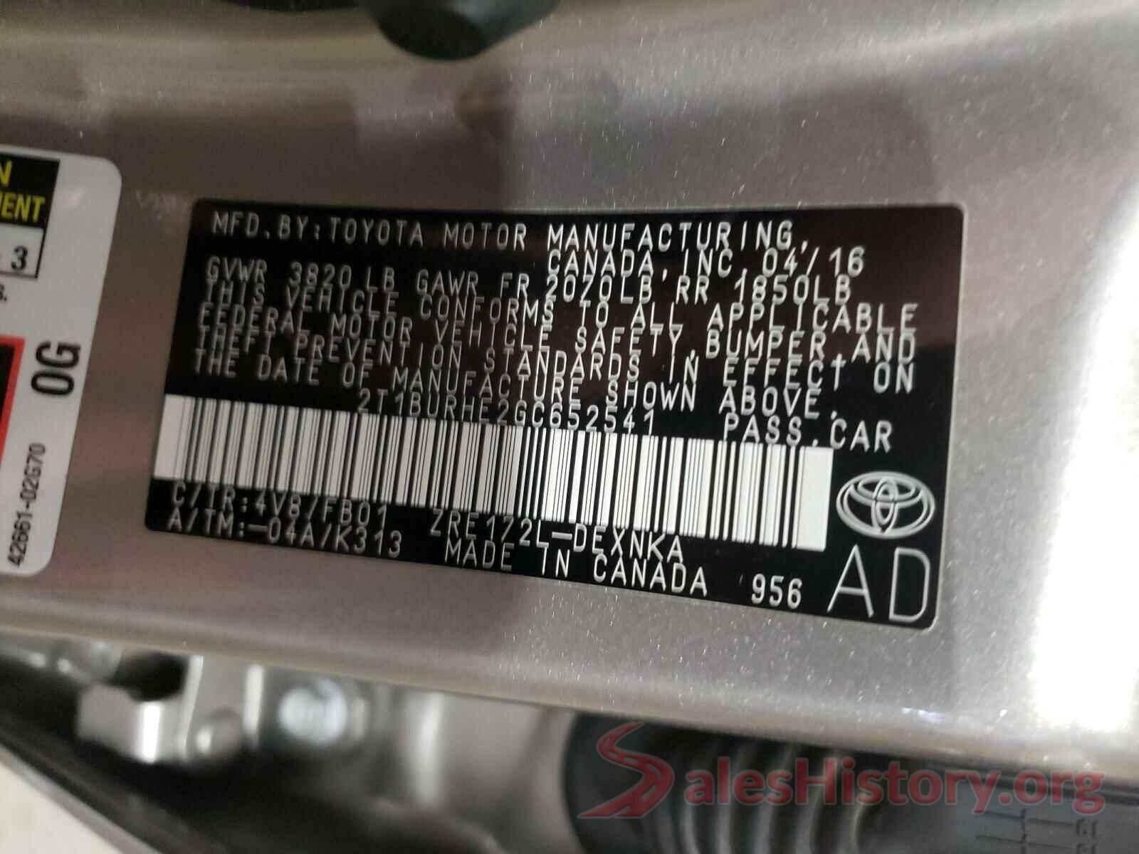 2T1BURHE2GC652541 2016 TOYOTA COROLLA