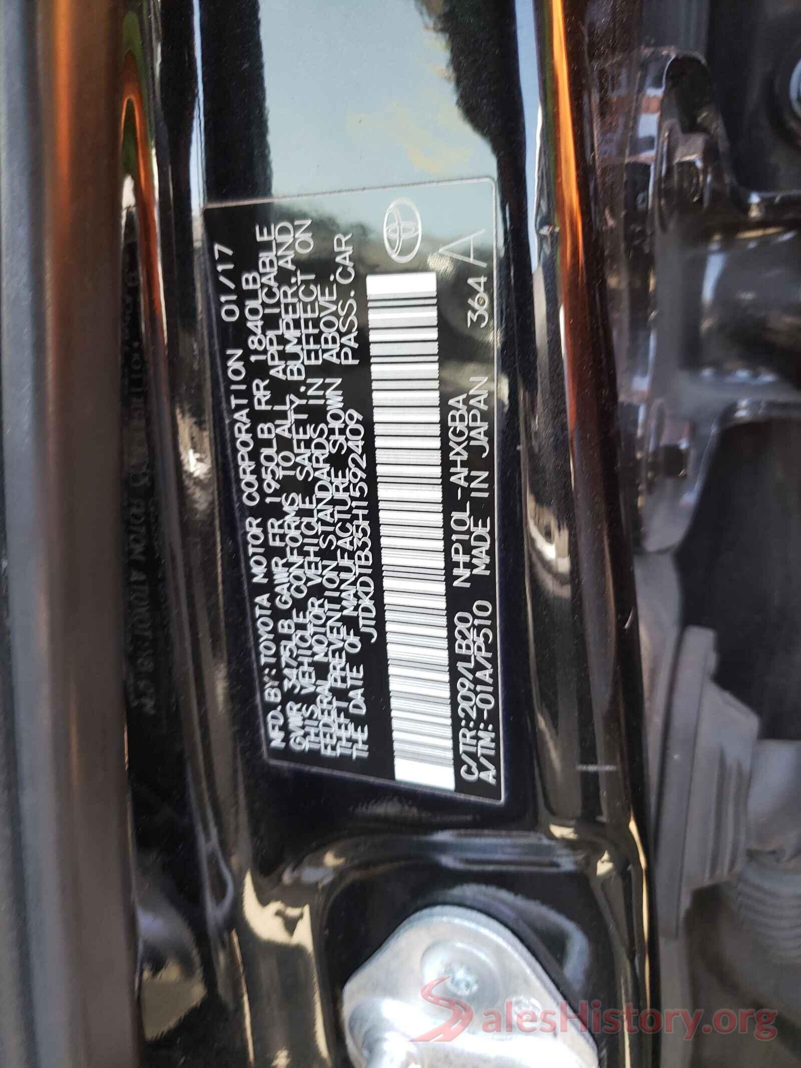 JTDKDTB35H1592409 2017 TOYOTA PRIUS