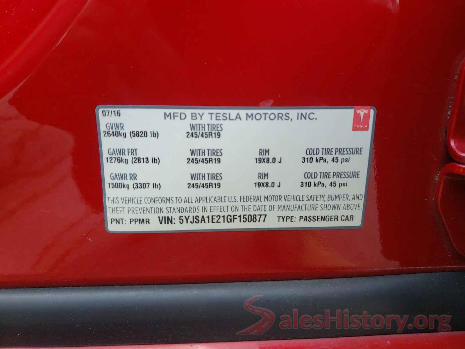 5YJSA1E21GF150877 2016 TESLA MODEL S