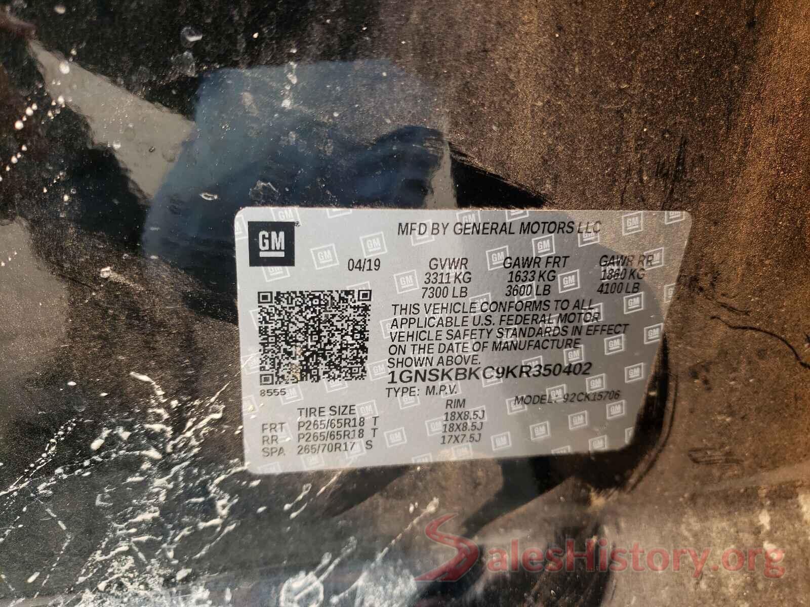 1GNSKBKC9KR350402 2019 CHEVROLET TAHOE