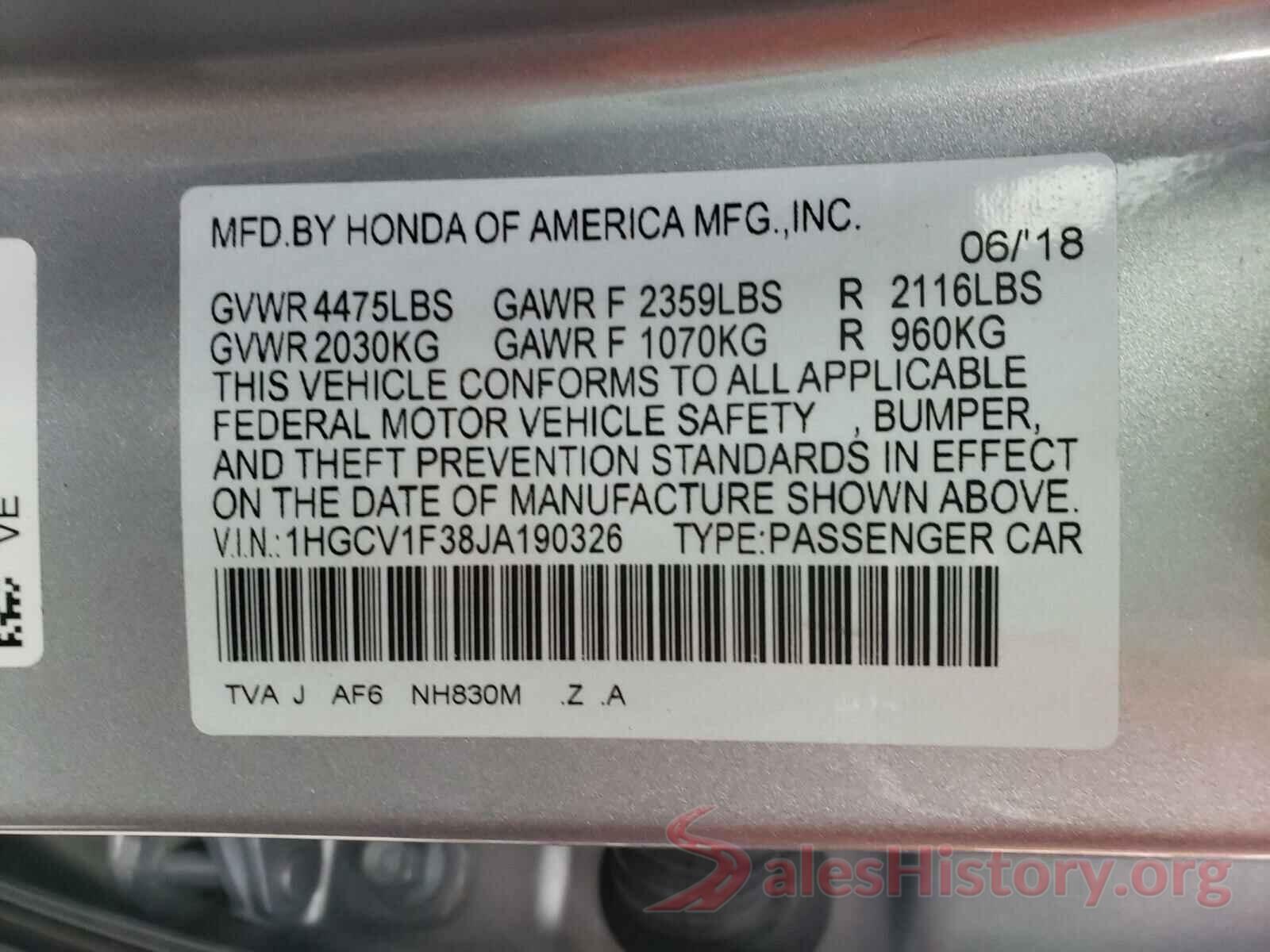 1HGCV1F38JA190326 2018 HONDA ACCORD