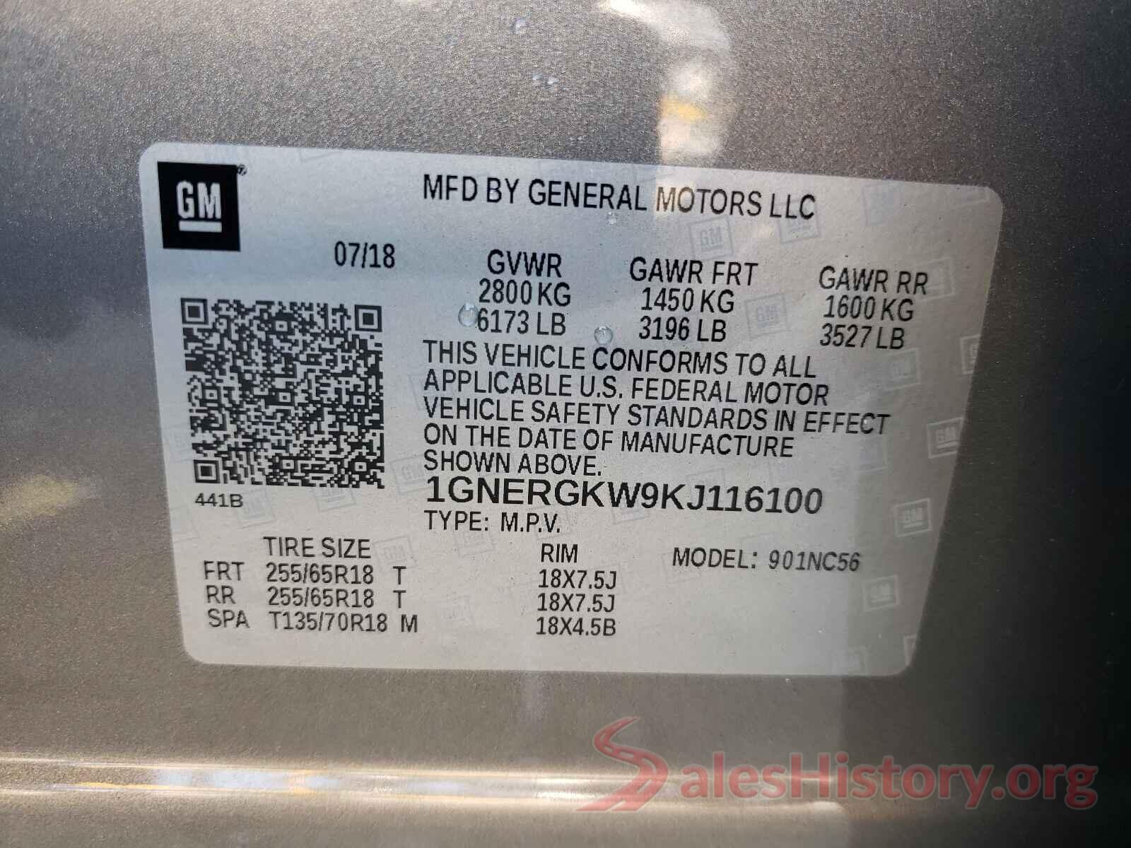 1GNERGKW9KJ116100 2019 CHEVROLET TRAVERSE