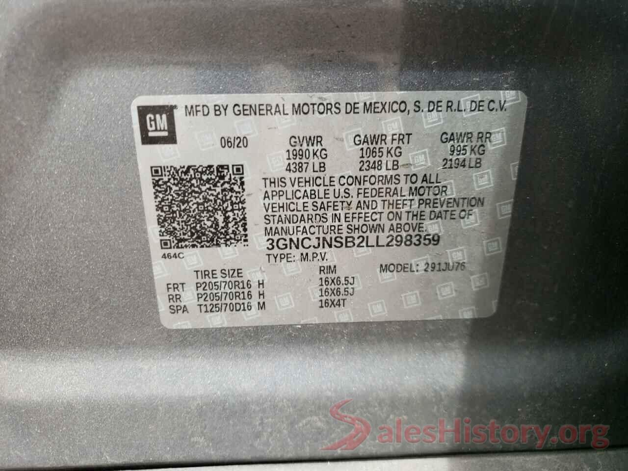 3GNCJNSB2LL298359 2020 CHEVROLET TRAX