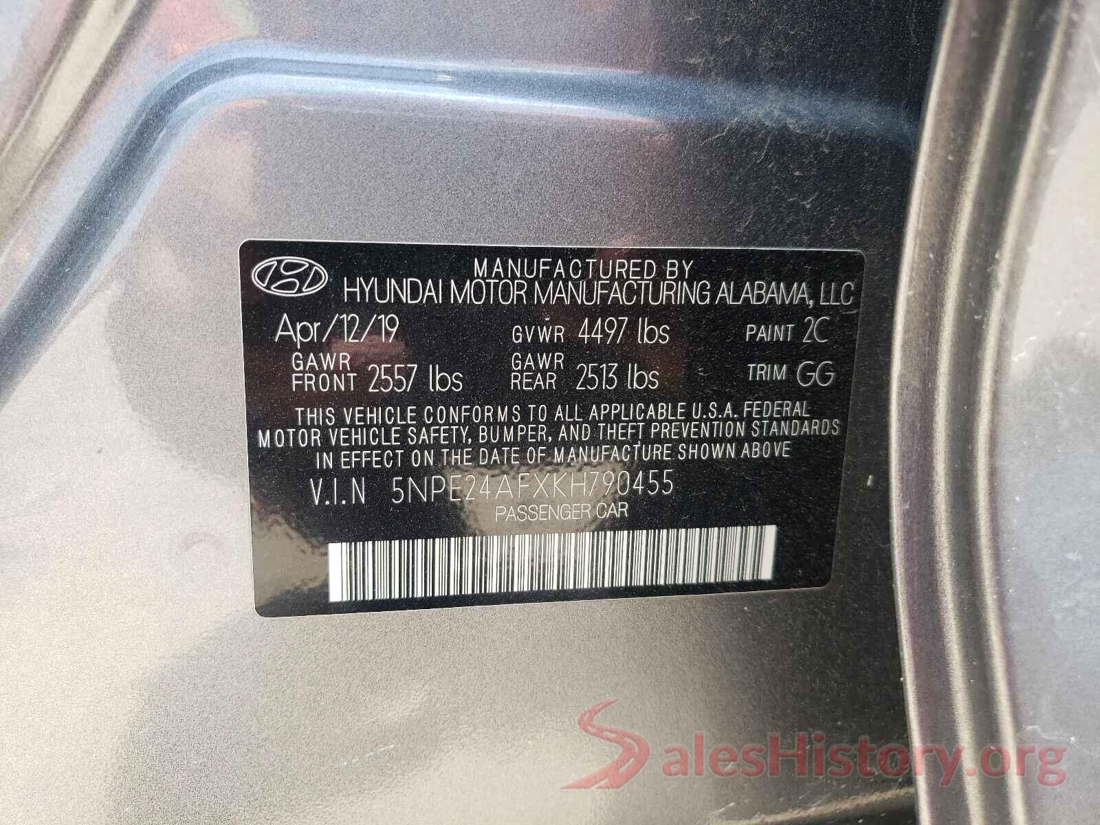 5NPE24AFXKH790455 2019 HYUNDAI SONATA