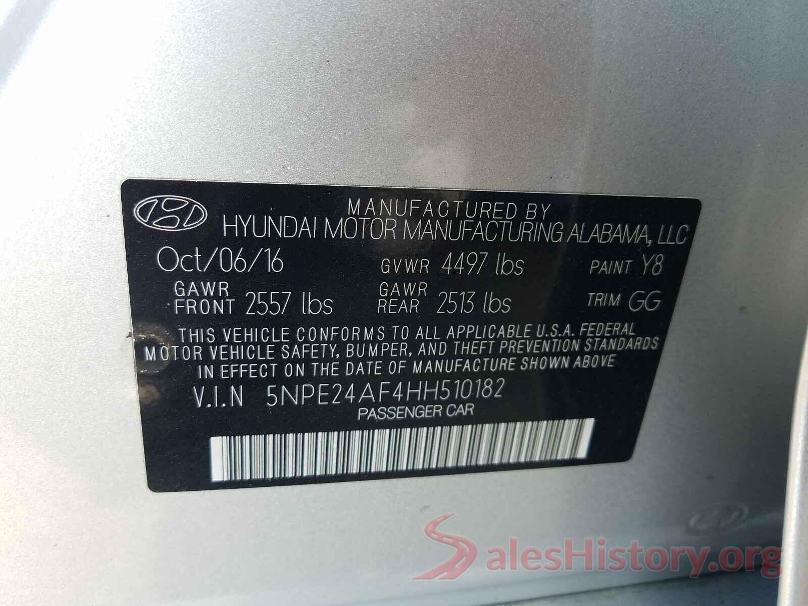 5NPE24AF4HH510182 2017 HYUNDAI SONATA