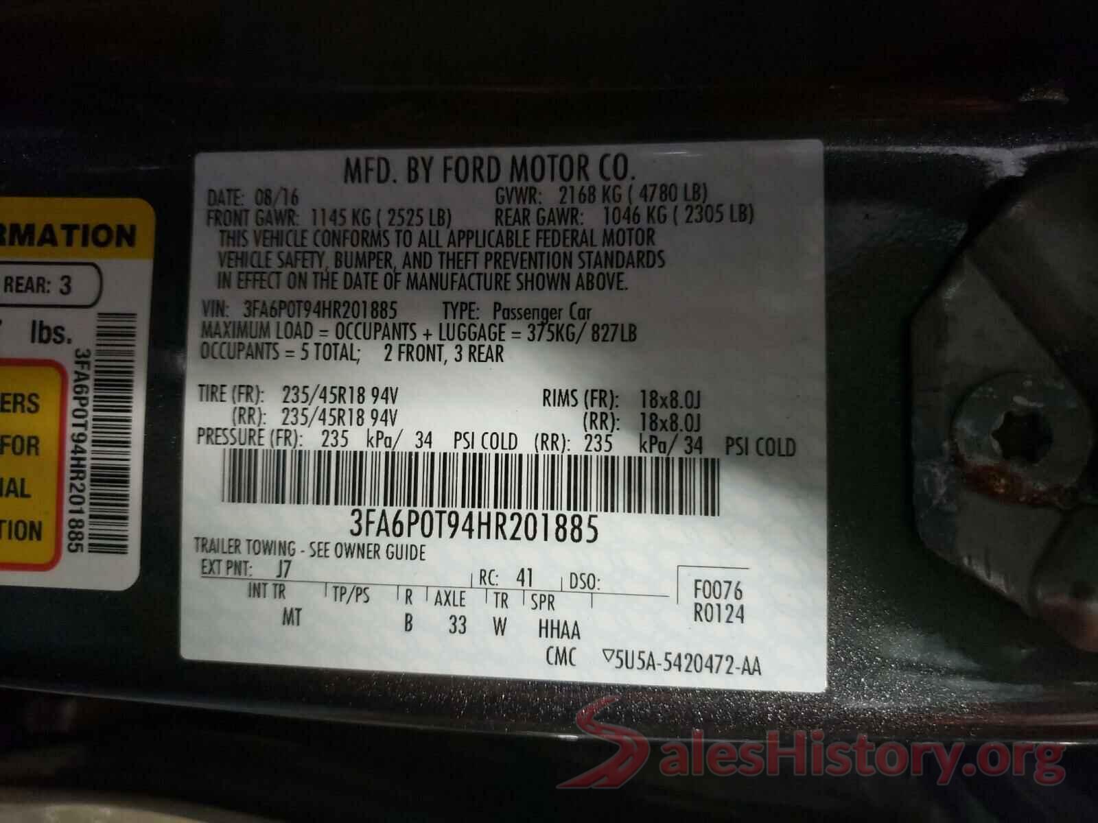 3FA6P0T94HR201885 2017 FORD FUSION