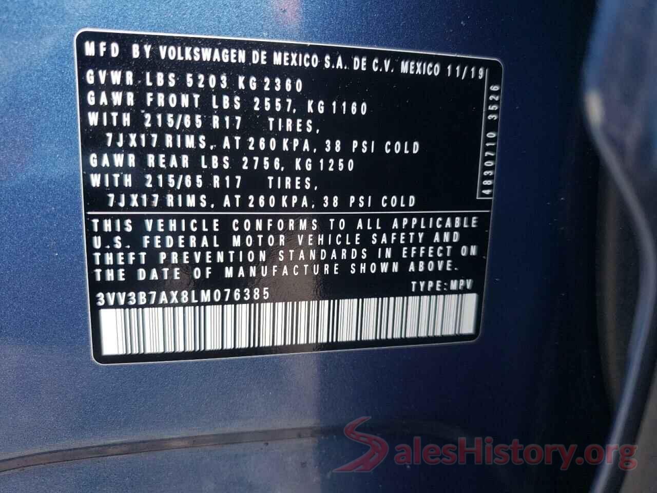 3VV3B7AX8LM076385 2020 VOLKSWAGEN TIGUAN