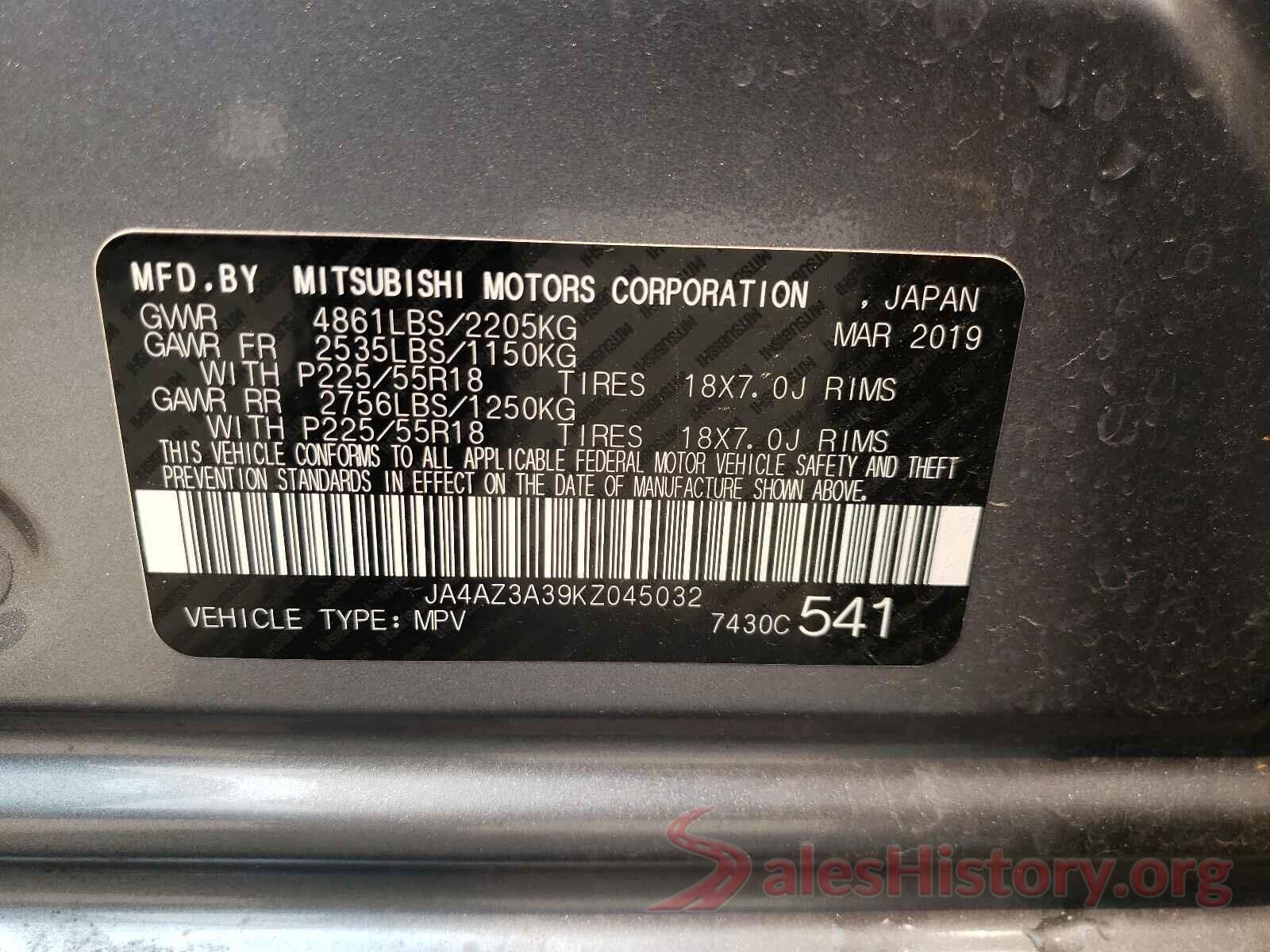 JA4AZ3A39KZ045032 2019 MITSUBISHI OUTLANDER