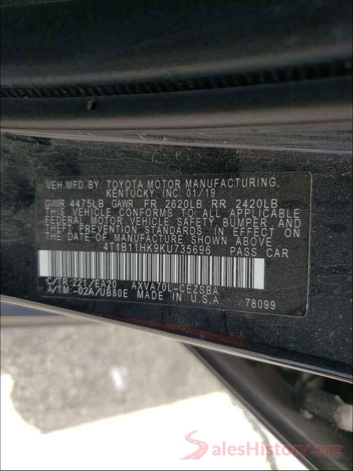 4T1B11HK9KU735696 2019 TOYOTA CAMRY