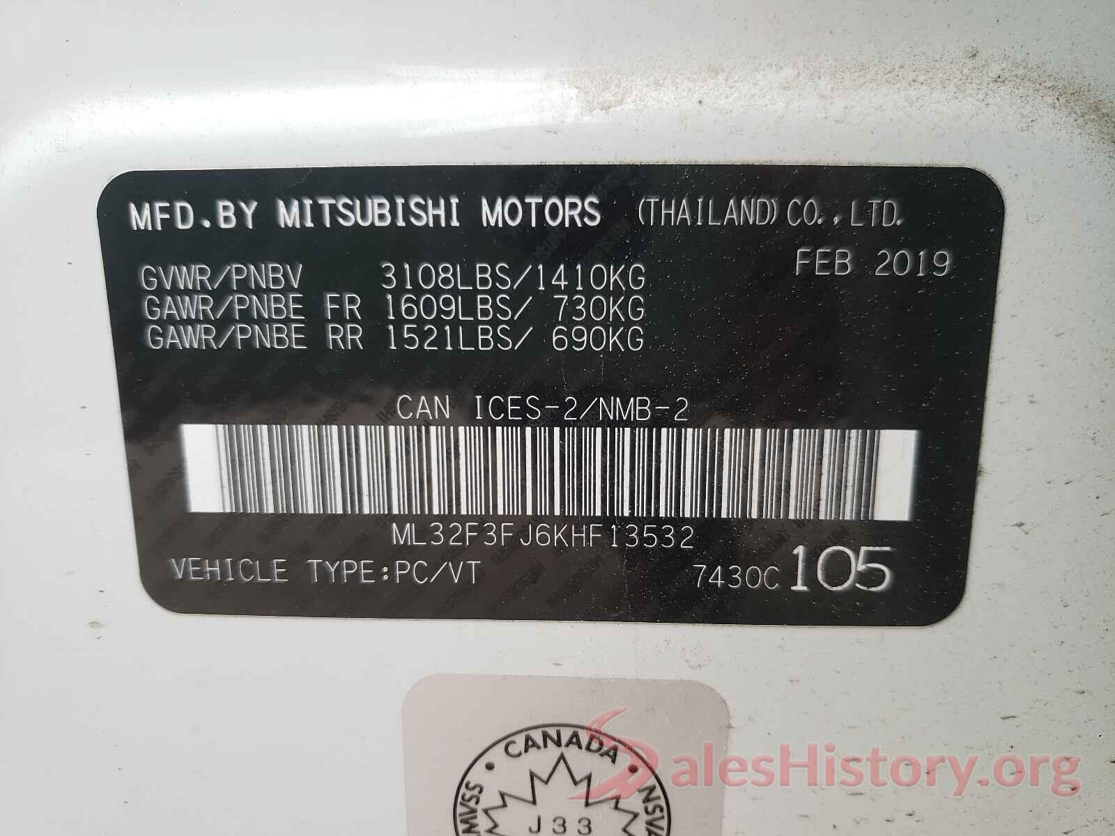 ML32F3FJ6KHF13532 2019 MITSUBISHI MIRAGE