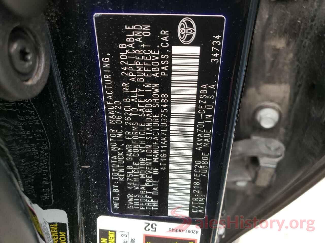 4T1G11AK7LU375488 2020 TOYOTA CAMRY