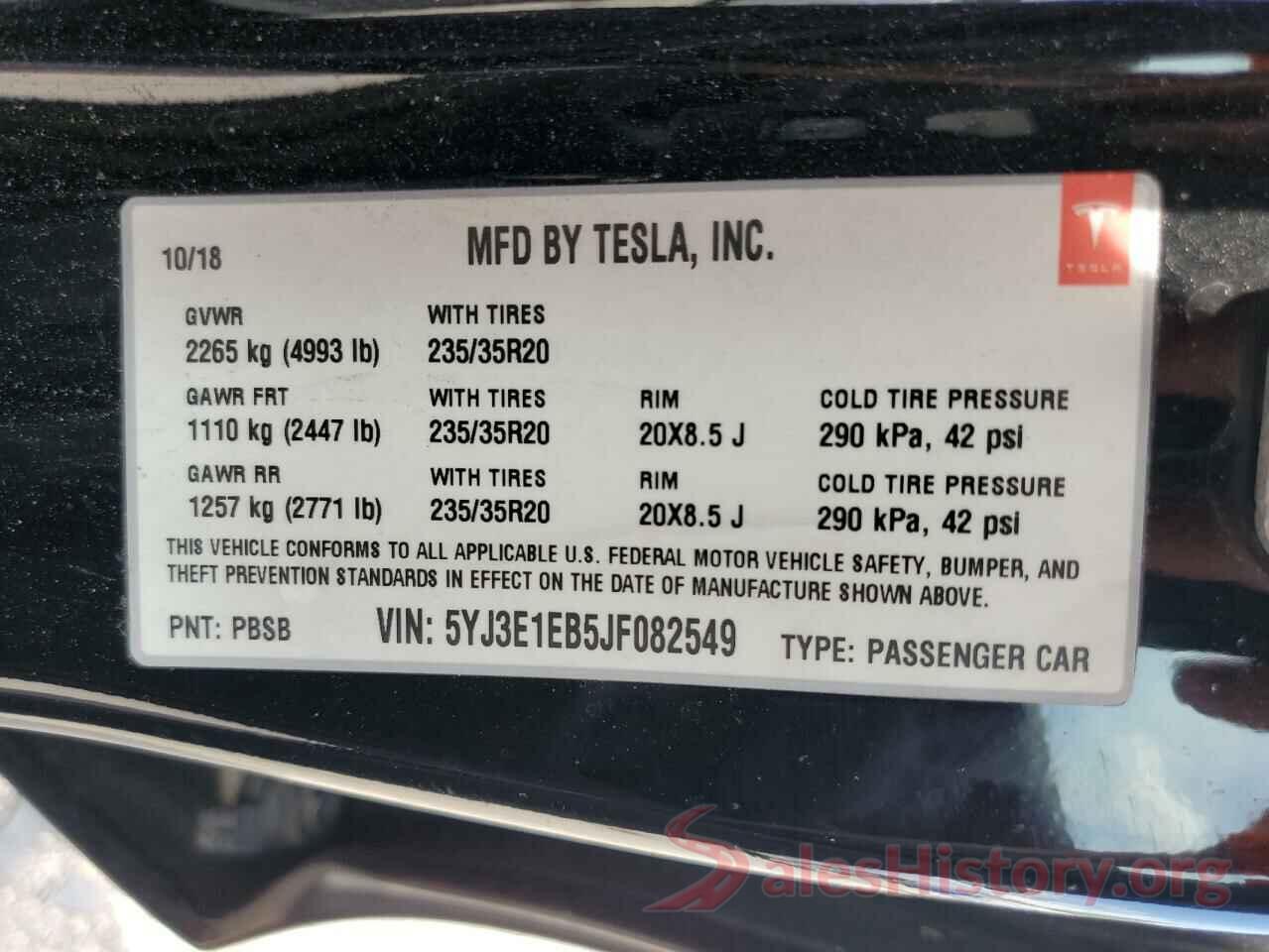 5YJ3E1EB5JF082549 2018 TESLA MODEL 3