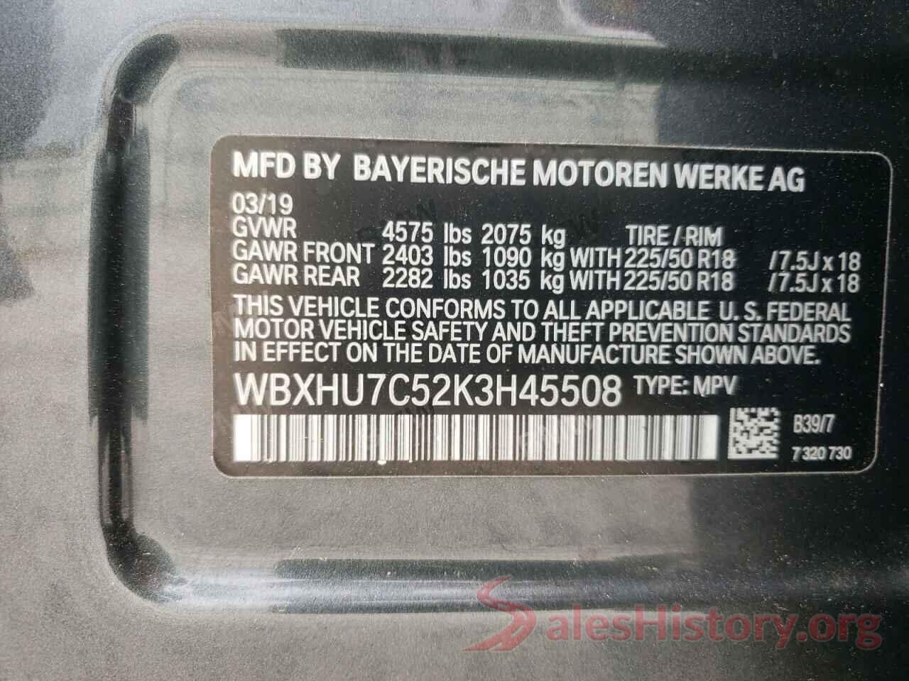 WBXHU7C52K3H45508 2019 BMW X1