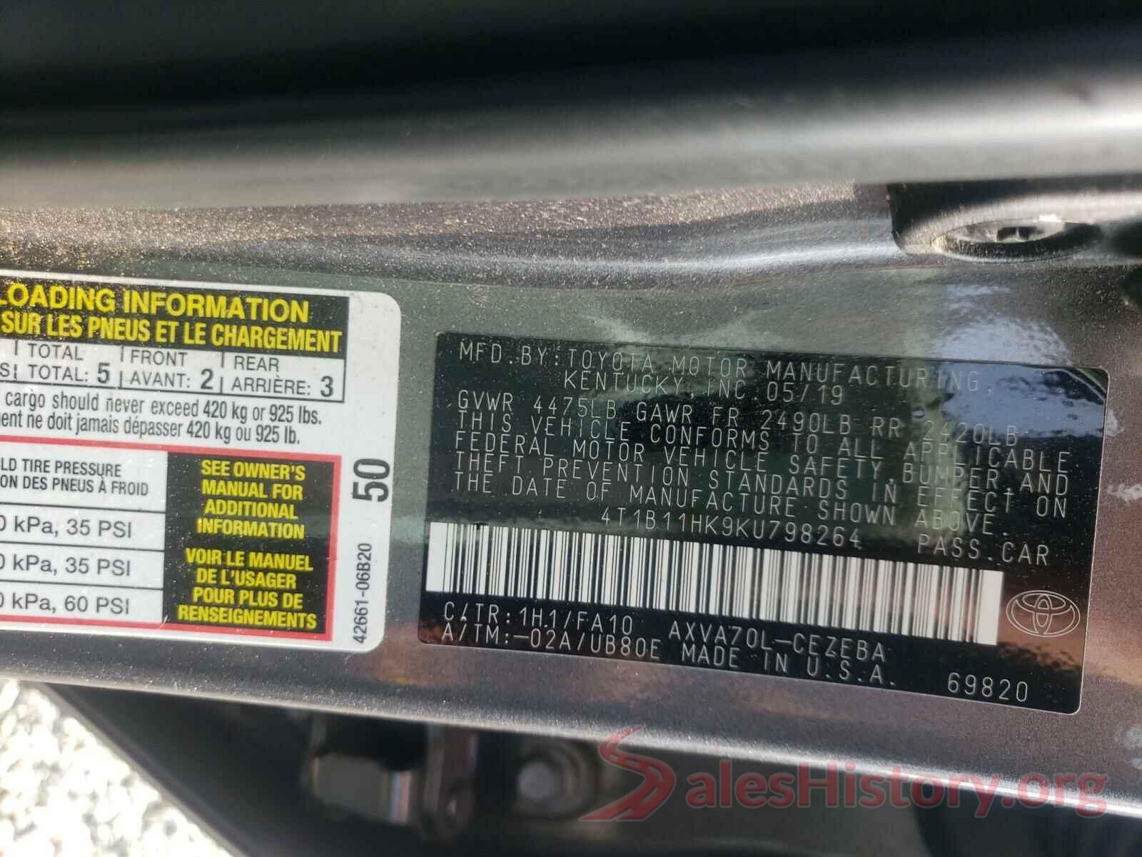 4T1B11HK9KU798264 2019 TOYOTA CAMRY