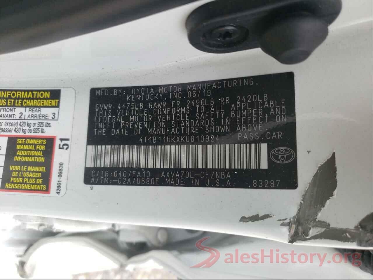 4T1B11HKXKU810924 2019 TOYOTA CAMRY