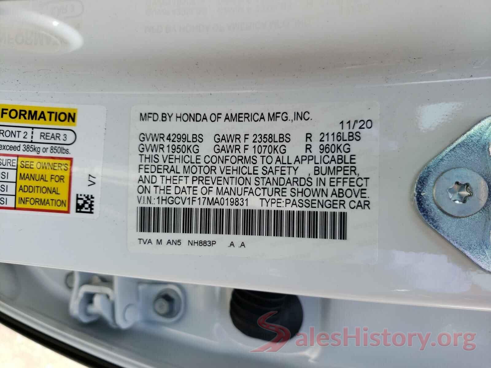 1HGCV1F17MA019831 2021 HONDA ACCORD