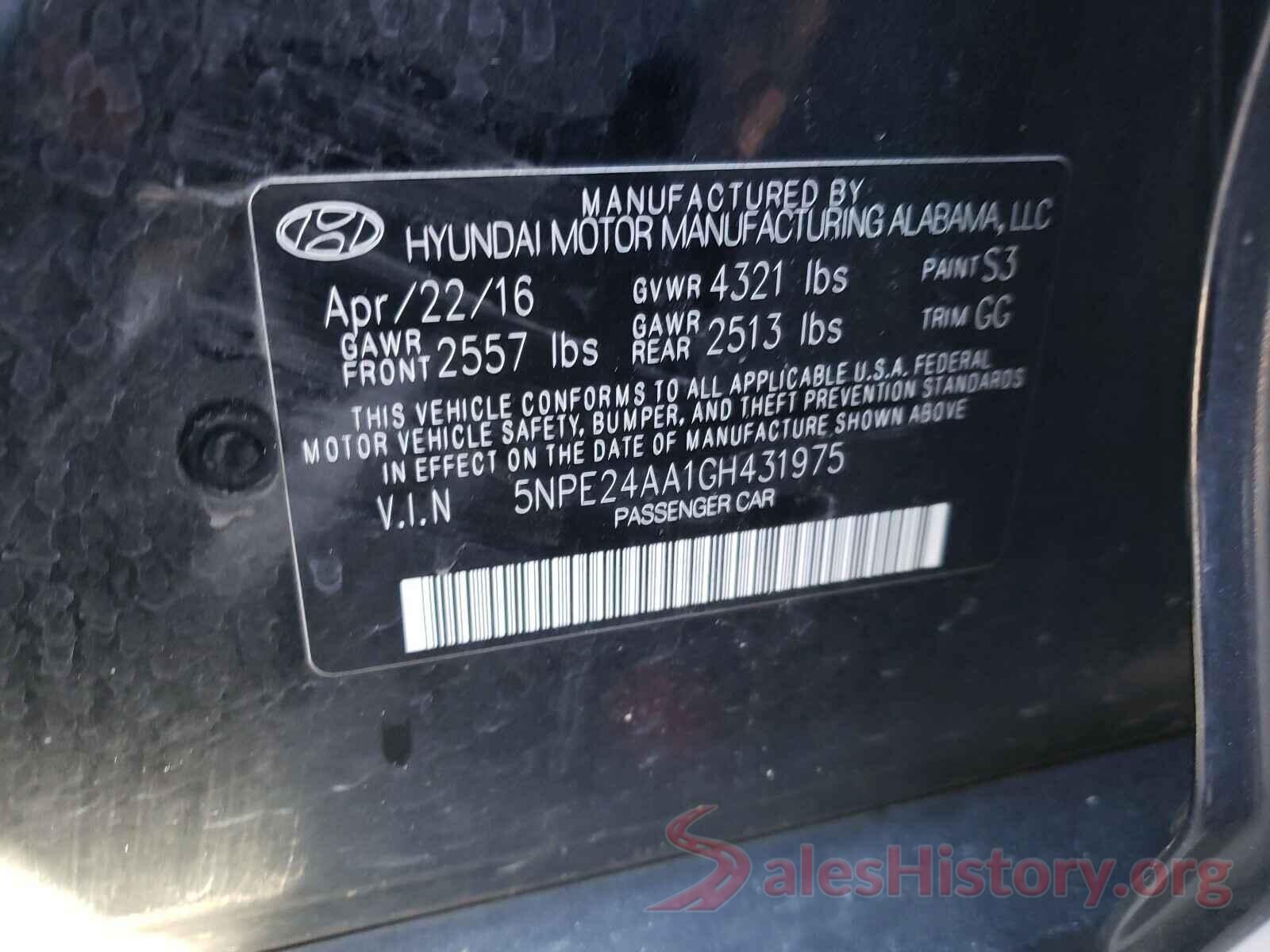 5NPE24AA1GH431975 2016 HYUNDAI SONATA