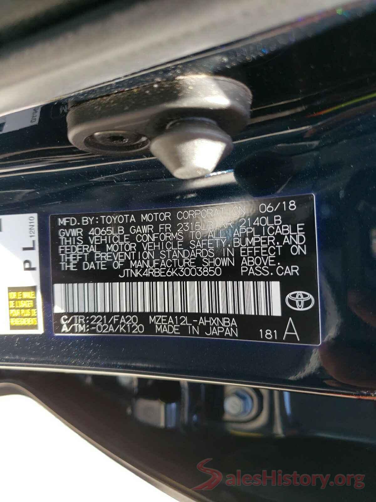 JTNK4RBE6K3003850 2019 TOYOTA COROLLA