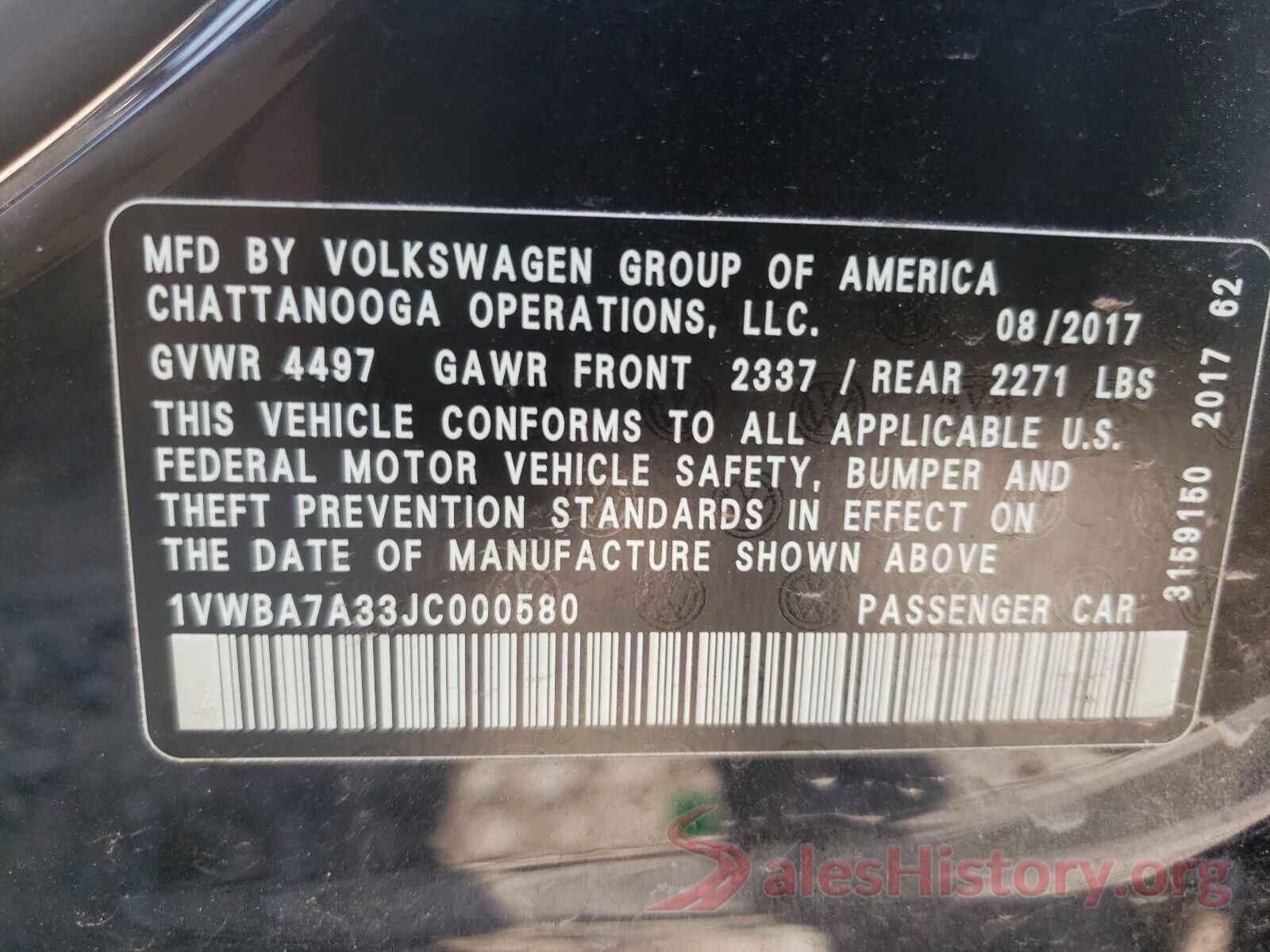 1VWBA7A33JC000580 2018 VOLKSWAGEN PASSAT